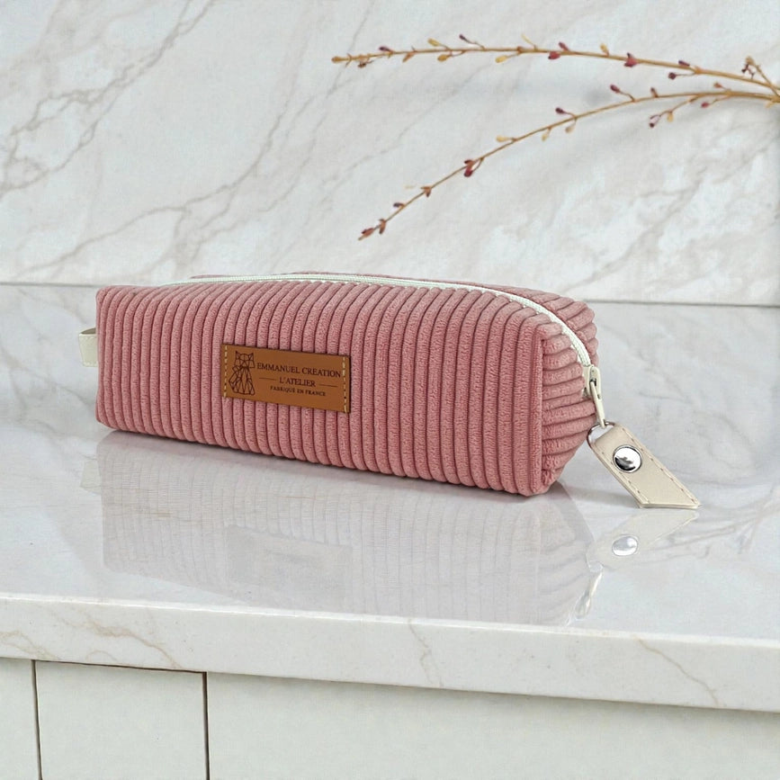 Trousse écolière velours côtelé rose