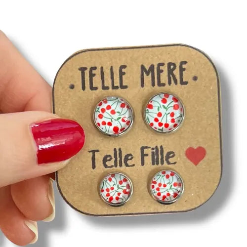 Puces d'oreilles mère fille motif cerises - By Hélène