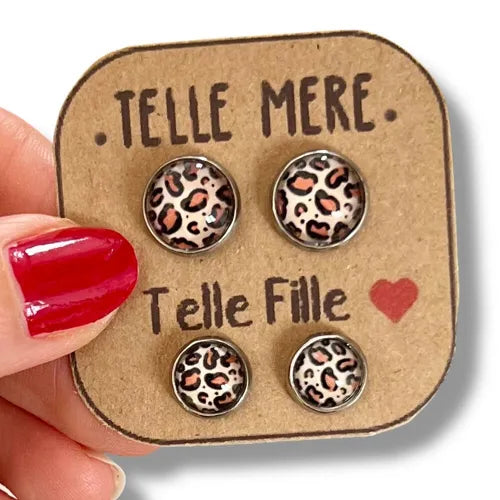 Puces d'oreilles mère fille motif léopard - By Hélène
