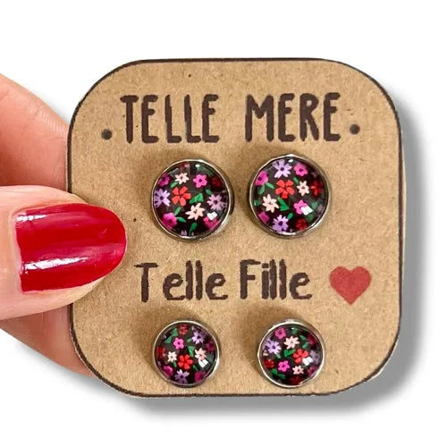 Puces d'oreilles mère fille motif fleurs - By Hélène