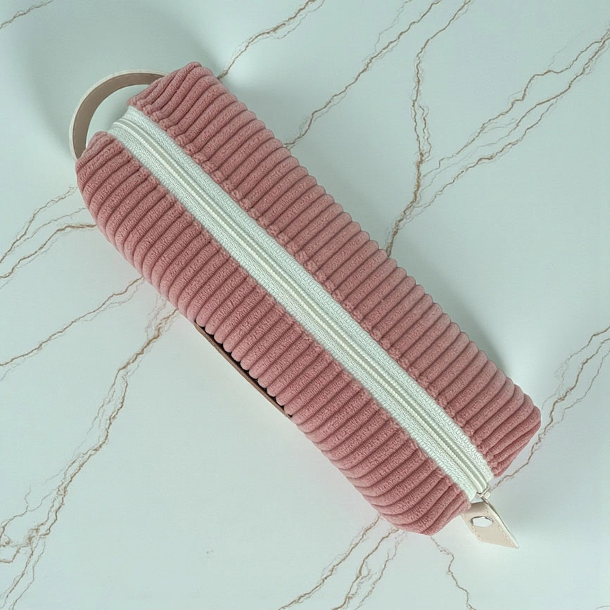 Trousse écolière velours côtelé rose